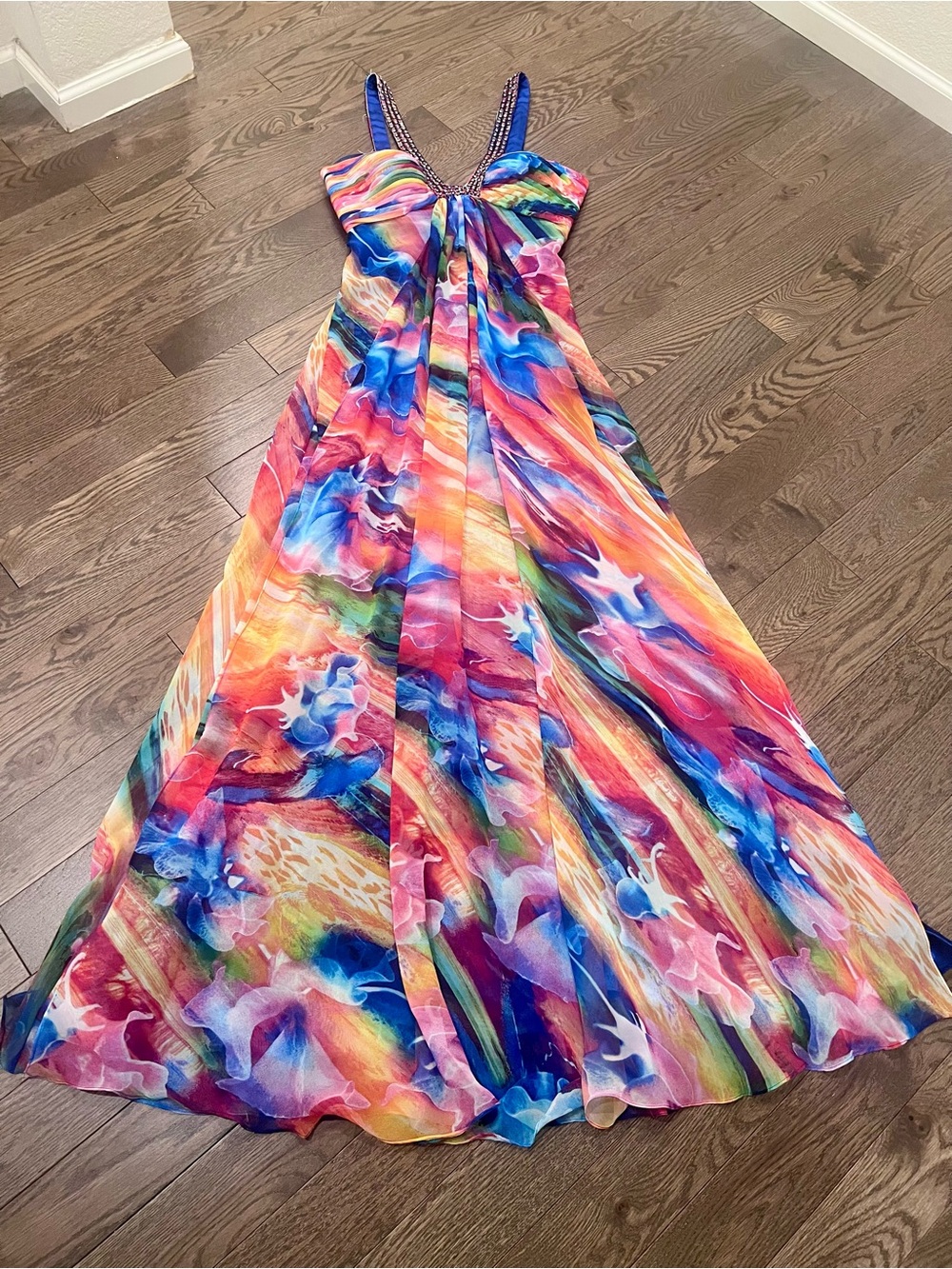 La Femme Paris Watercolor Rainbow Print Gown, Size 8